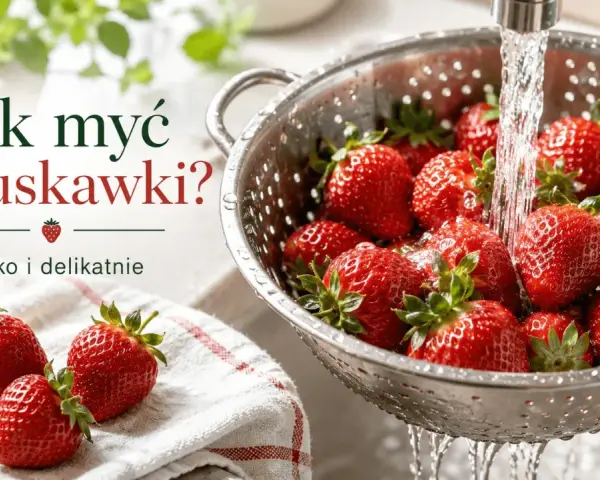 Jak myć truskawki? Woda spływa po świeżych owocach w durszlaku, przygotowując je do jedzenia.
