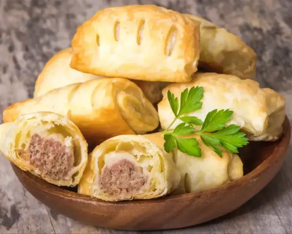 Stos pieczonego ciasta francuskiego z kiełbasą w środku, ozdobione gałązką pietruszki. Idealne na szybką przekąskę.