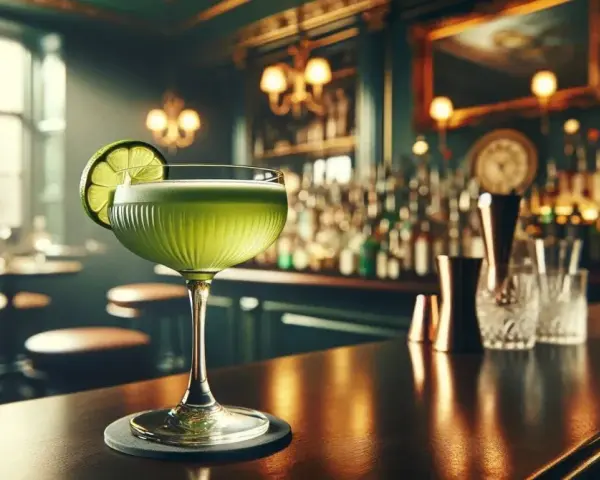 Zielony, orzeźwiający drink z plasterkiem limonki na eleganckim blacie baru. W tle widać półki z butelkami i przytulne światła, tworząc atmosferę idealną na ostatniego cocktail.