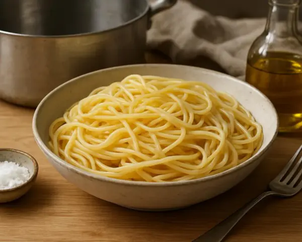 Idealny makaron spaghetti w misce. Aby makaron się nie sklejał, dodaj łyżkę oliwy do wody podczas gotowania.