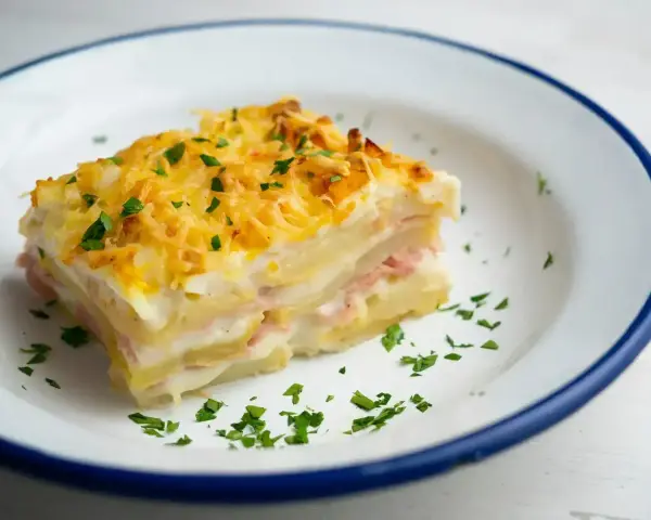 Pyszna warstwowa zapiekanka ziemniaczana z szynką i serem, idealna na obiad. Oto prosty lasagne przepis!