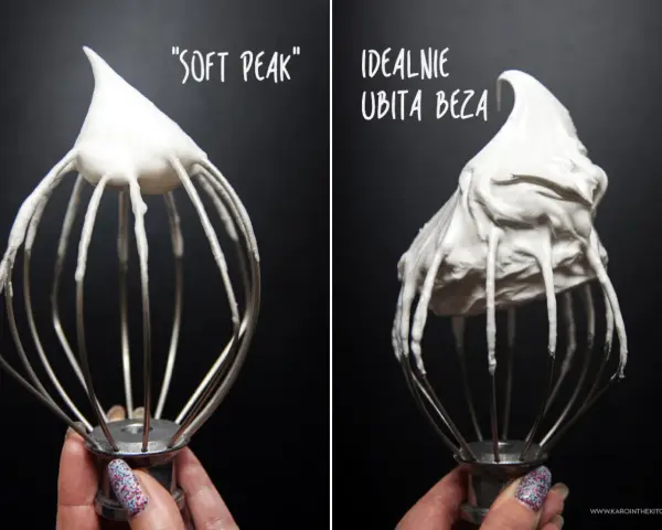 Porównanie ubijania bezy: z lewej "soft peak", z prawej idealnie ubita beza. Klucz do sukcesu, jak piec beze.