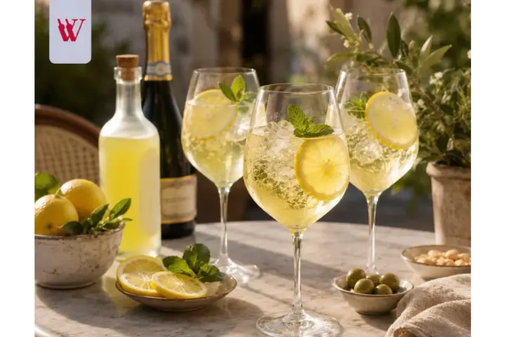 Orzeźwiający limoncello spritz z cytryną i miętą, butelka likieru, szampan i przekąski na stole.