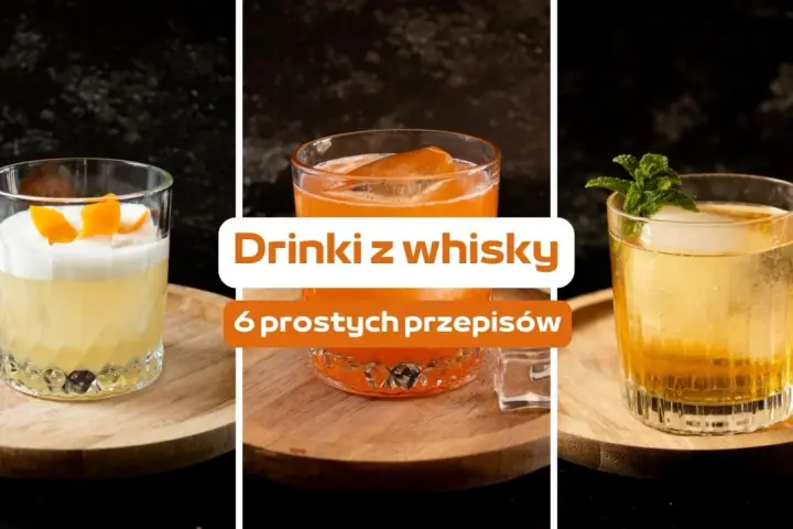 Trzy drinki z whisky: jeden z pianką i skórką pomarańczy, drugi pomarańczowy z lodem, trzeci złoty z miętą.
