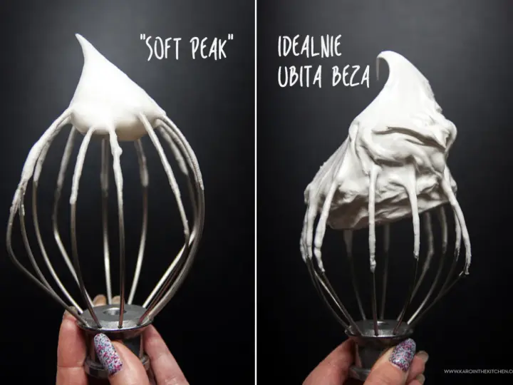 Porównanie ubijania bezy: z lewej "soft peak", z prawej idealnie ubita beza. Klucz do sukcesu, jak piec beze.