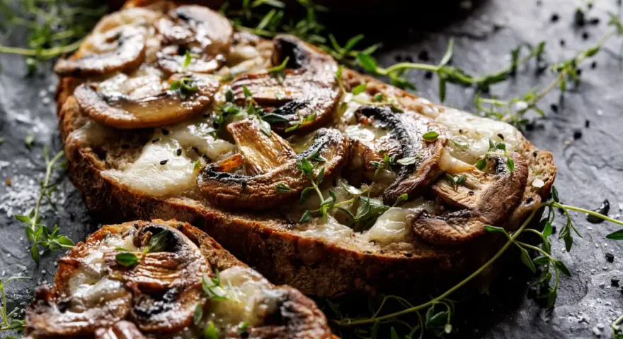 Pyszna zapiekanka z pieczarkami na chrupiącym pieczywie, posypana świeżym tymiankiem i solą.