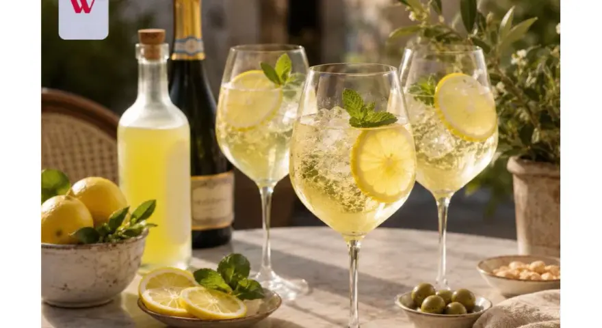 Orzeźwiający limoncello spritz z cytryną i miętą, butelka likieru, szampan i przekąski na stole.