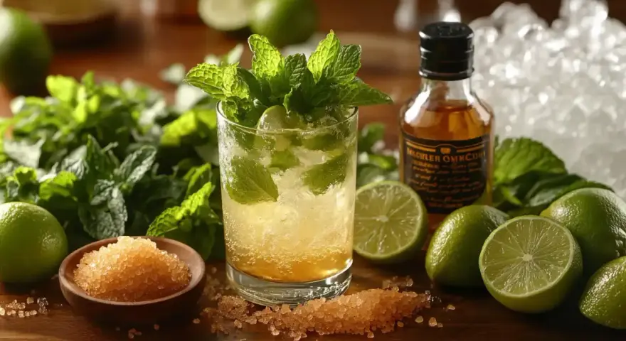 Orzeźwiający mohito drink z miętą, limonką i cukrem trzcinowym. Obok buteleczka rumu i lód.