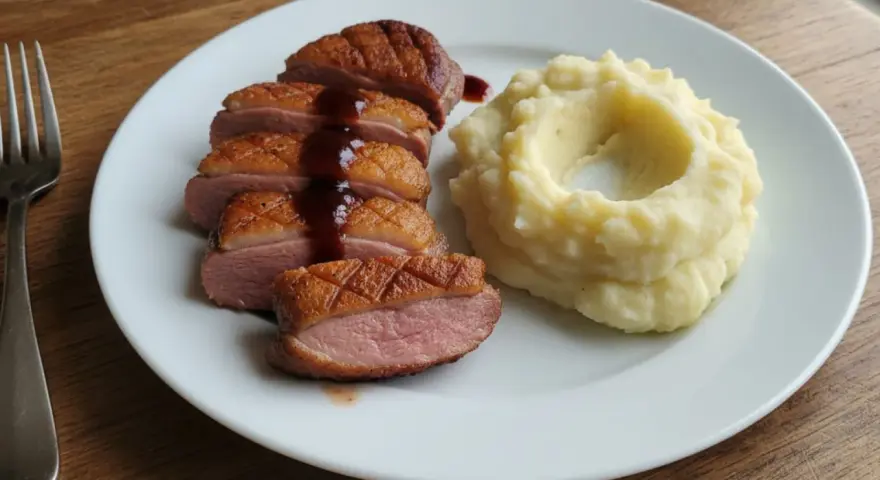 Pokrojona, soczysta pierś z kaczki z chrupiącą skórką, polana sosem, obok porcja purée ziemniaczanego. Idealny sposób, jak zrobić miękką pierś z kaczki.