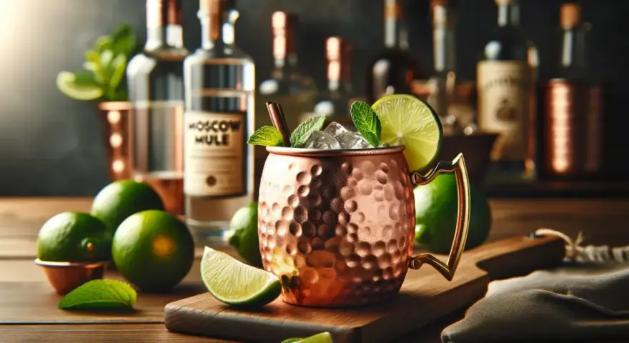 Miedziany kubek z lodem, limonką i miętą. Obok butelka wódki z etykietą "Moscow Mule". Idealny moscow mule przepis.