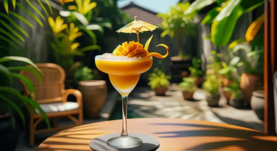 Orzeźwiający drink z mango, ozdobiony owocem i parasolką, na tle tropikalnego ogrodu. Idealny na upalny dzień.
