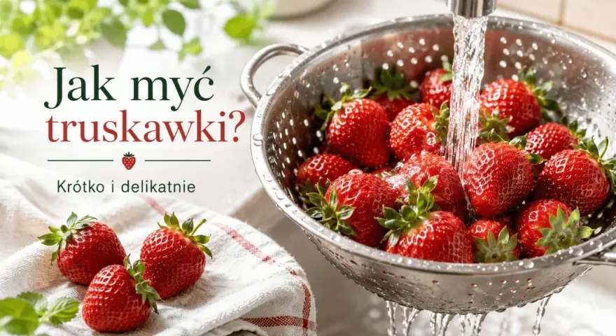 Jak myć truskawki? Woda spływa po świeżych owocach w durszlaku, przygotowując je do jedzenia.