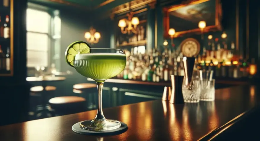 Zielony, orzeźwiający drink z plasterkiem limonki na eleganckim blacie baru. W tle widać półki z butelkami i przytulne światła, tworząc atmosferę idealną na ostatniego cocktail.
