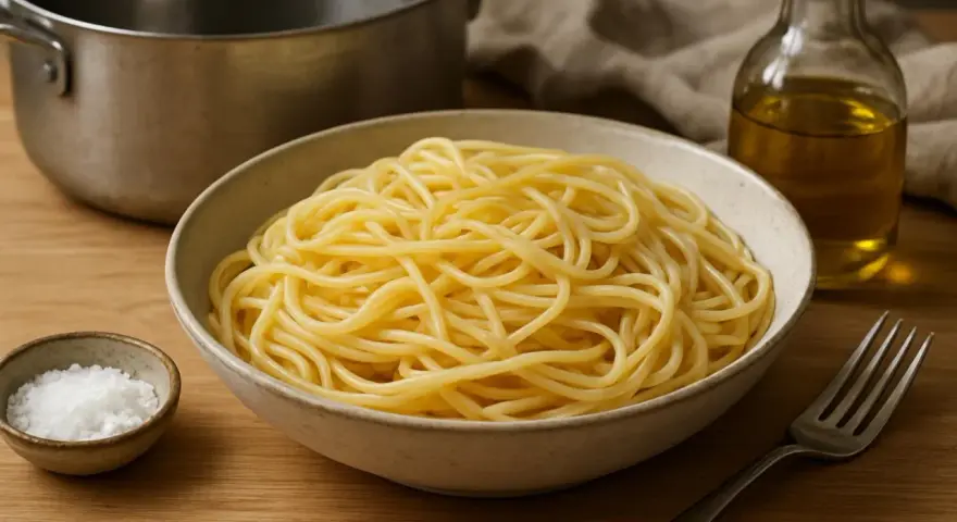 Idealny makaron spaghetti w misce. Aby makaron się nie sklejał, dodaj łyżkę oliwy do wody podczas gotowania.