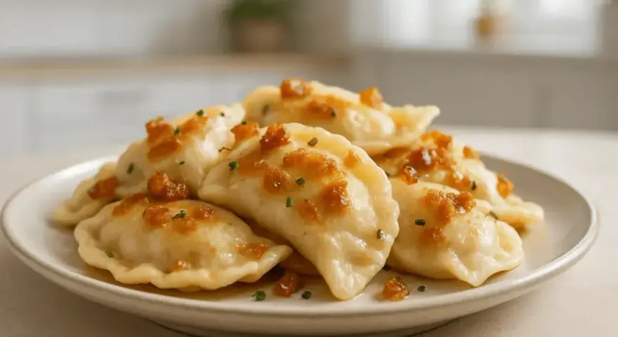 Talerz pełen pysznych, domowych pierogów z serem, polanych skwarkami i szczypiorkiem. Smak dzieciństwa, jak u babci.