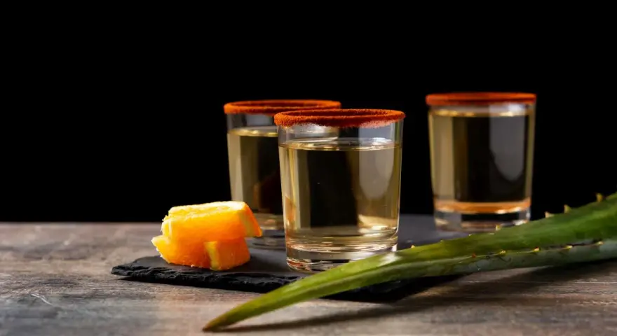 Trzy kieliszki z mezcalem, ozdobione solą i chili, obok pomarańczy i liścia agawy. Chcesz wiedzieć, mezcal co to?
