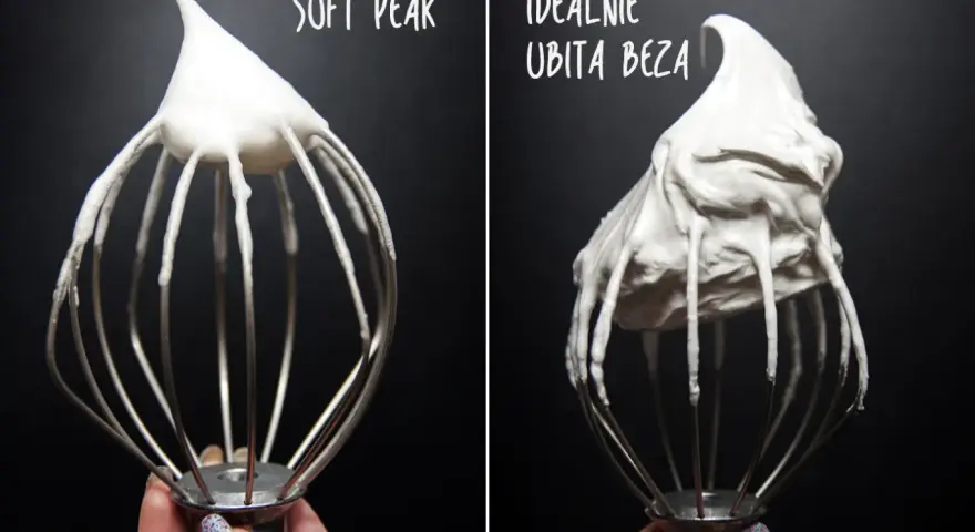 Porównanie ubijania bezy: z lewej "soft peak", z prawej idealnie ubita beza. Klucz do sukcesu, jak piec beze.