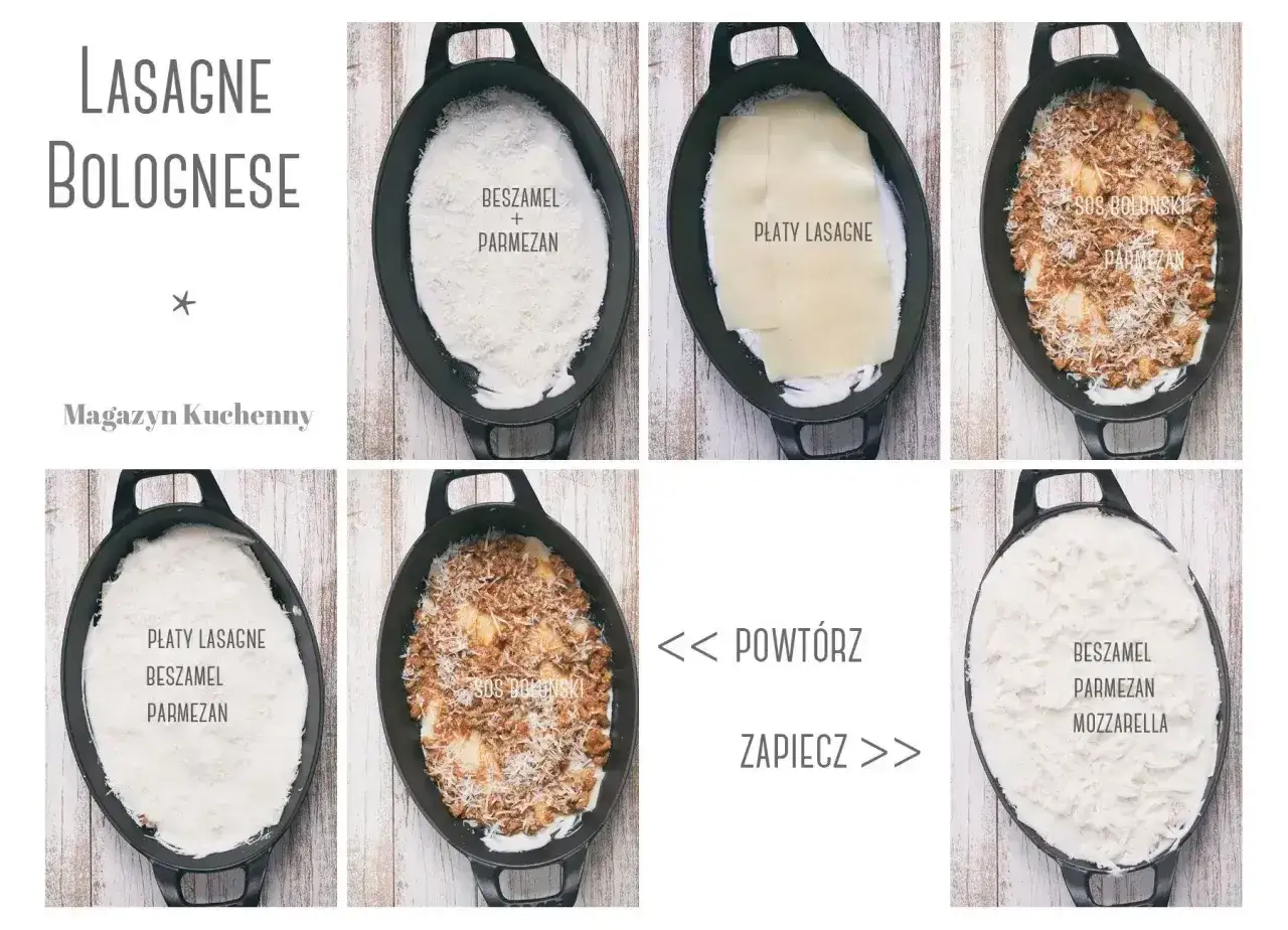 Przepis na lasagne bolognese: warstwy beszamelu, sosu bolońskiego, płat&oacute;w lasagne i parmezanu. Powt&oacute;rz i zapiecz.