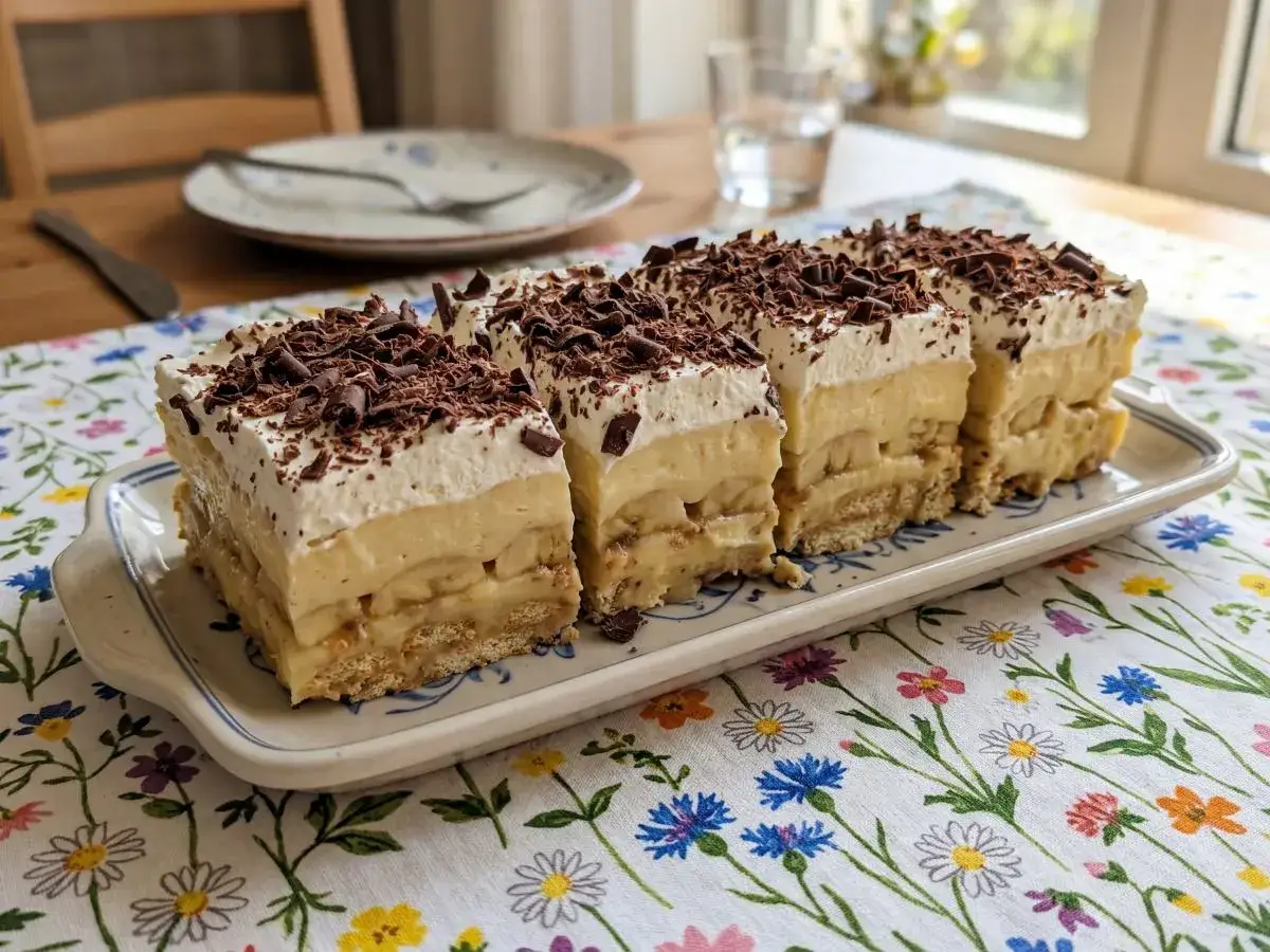 Pyszny deser z bananów, kremu i biszkoptów, posypany czekoladą. Idealny pomysł, co zrobić z bananów, gdy masz ochotę na coś słodkiego.