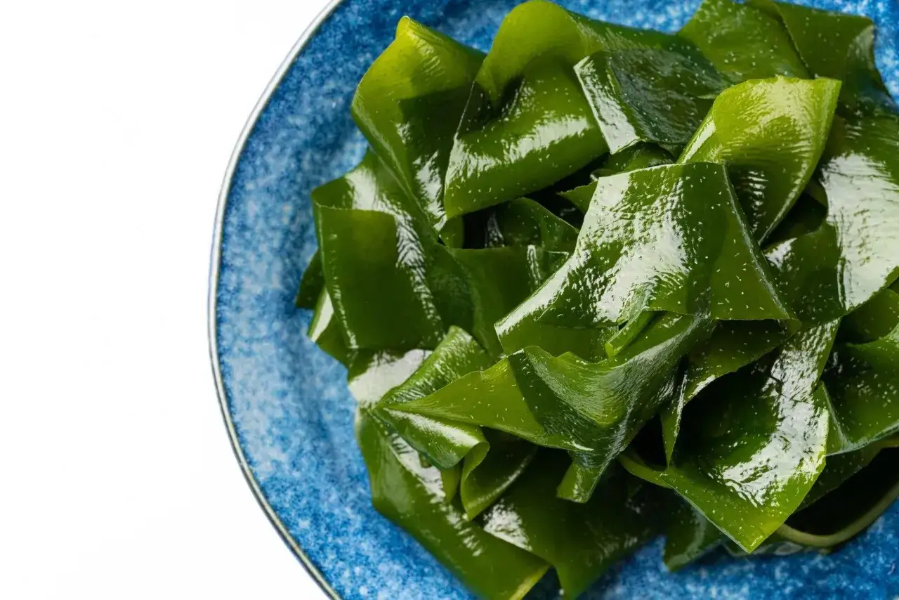 Błyszczące, zielone liście wodorost&oacute;w wakame na niebieskim talerzu. Zastanawiasz się, wakame co to? To zdrowy składnik kuchni azjatyckiej.