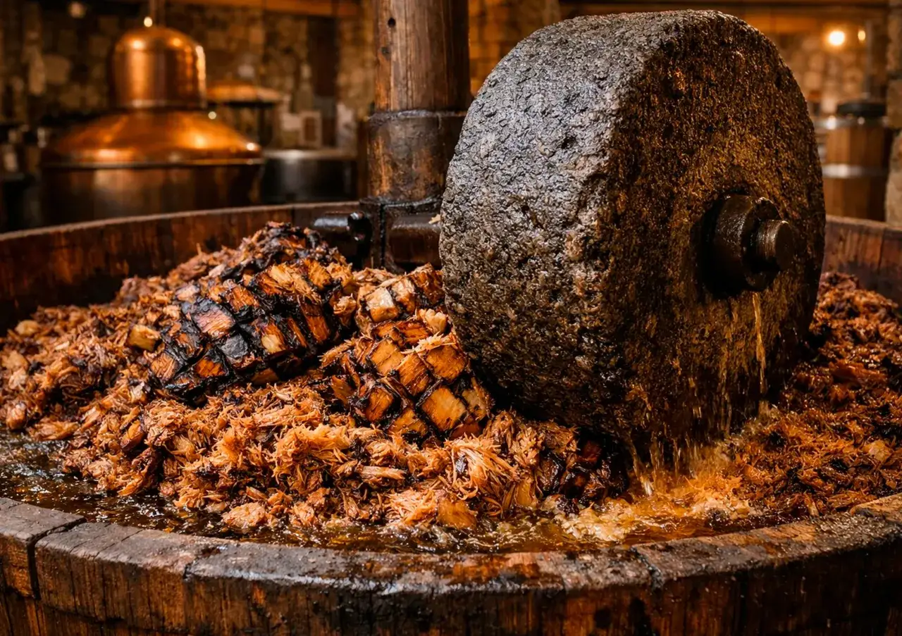 Tradycyjny kamień miażdży pieczone agawy, uwalniając sok do produkcji mezcalu. To właśnie tak powstaje ten wyjątkowy alkohol.