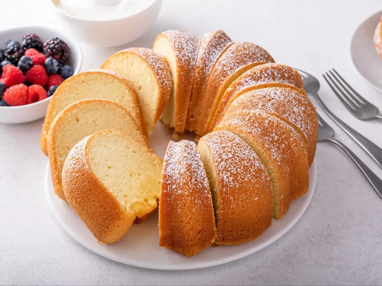 Wilgotna babka piaskowa, oprószona cukrem pudrem, czeka na talerzu z owocami leśnymi i widelcami.