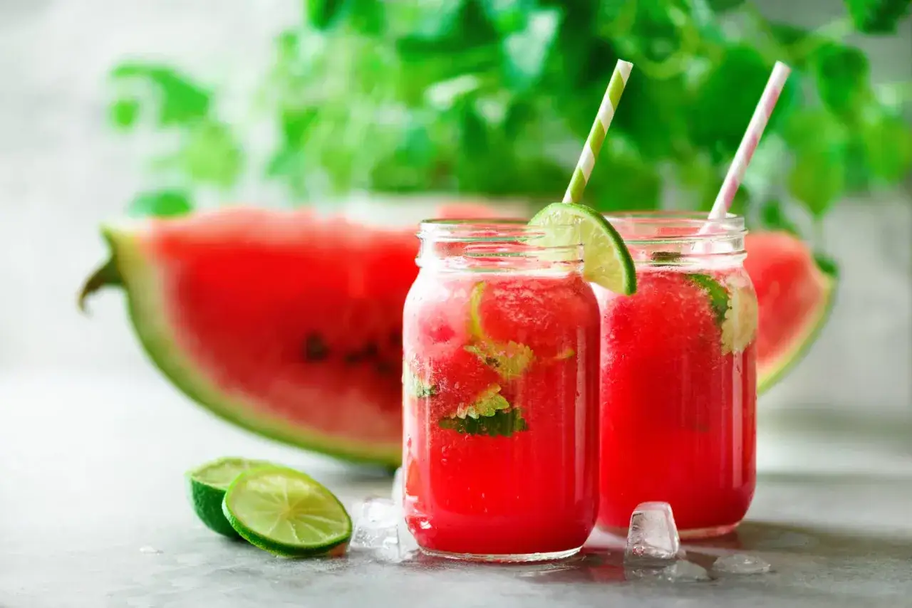 Orzeźwiający drink z arbuzem, limonką i miętą w słoiczkach, z kawałkiem arbuza w tle. Idealny na upalne dni.