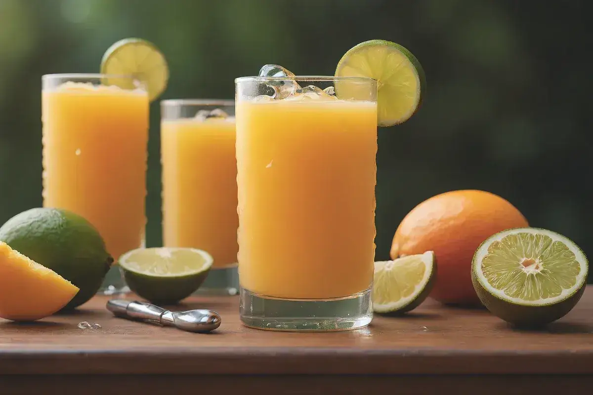 Orzeźwiający drink z mango, ozdobiony plasterkiem limonki, otoczony owocami i lodem. Idealny na upalny dzień.