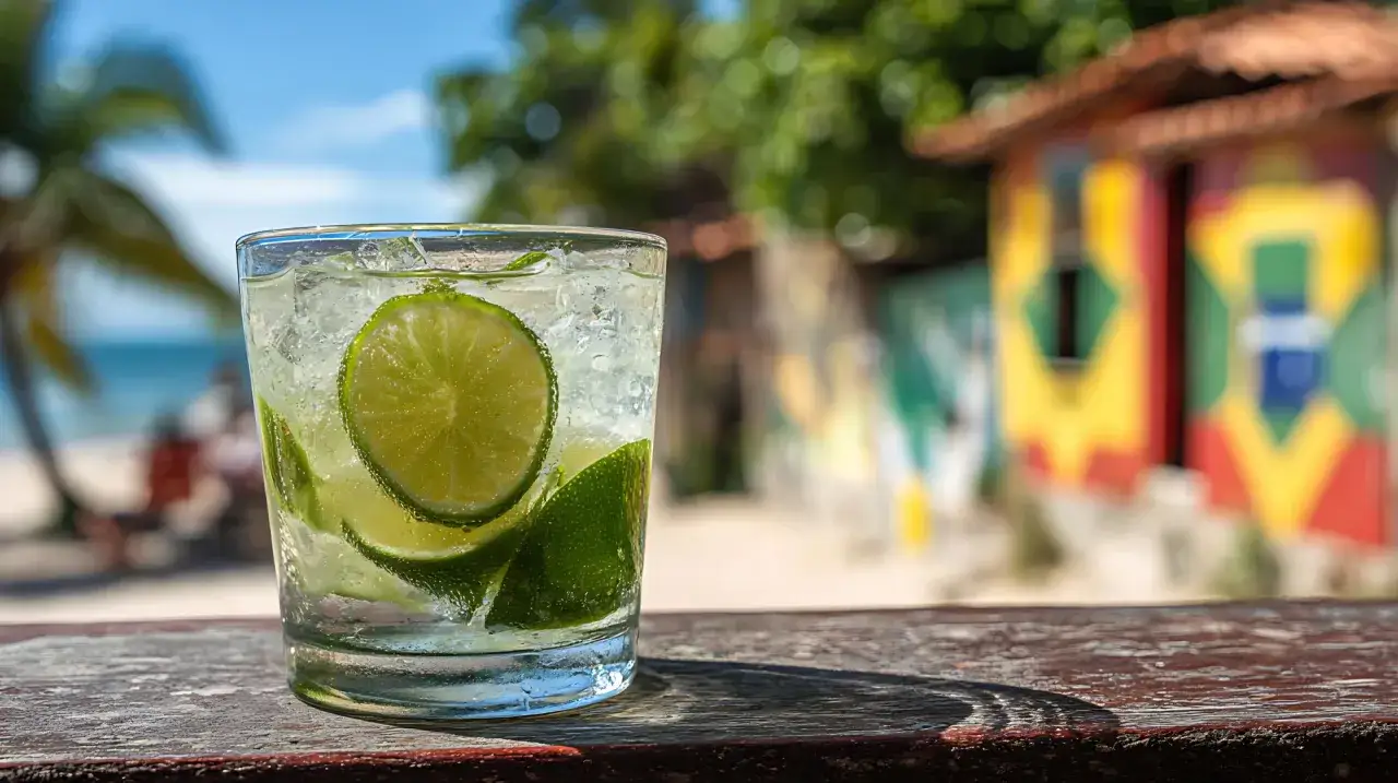 Szklanka z drinkiem i limonką na tle plaży i kolorowego budynku.