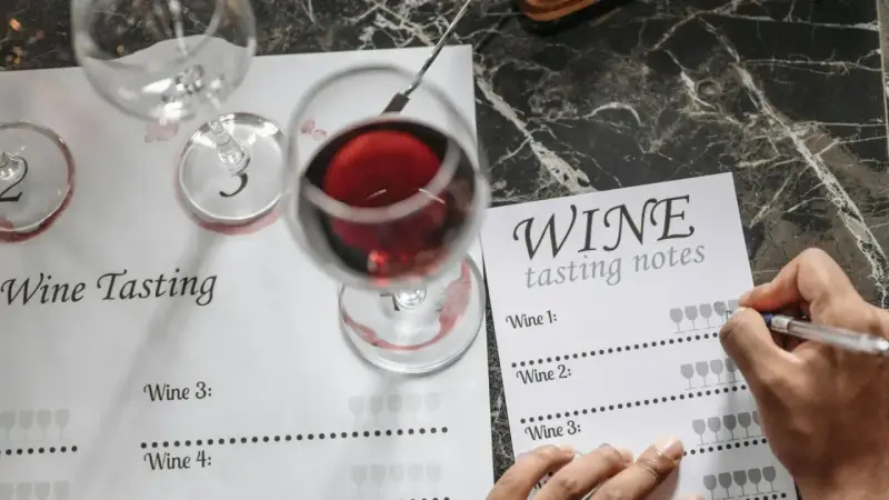Ręka zapisuje notatki z degustacji wina. Kieliszki z czerwonym winem i arkusz "Wine Tasting" sugerują, jak degustować wino.